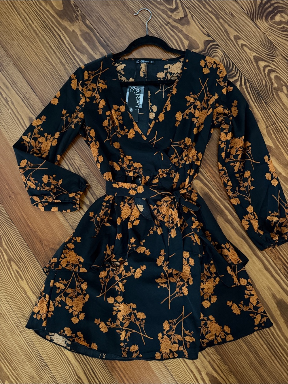 Black Floral Wrap Dress with Burnt Orange Print